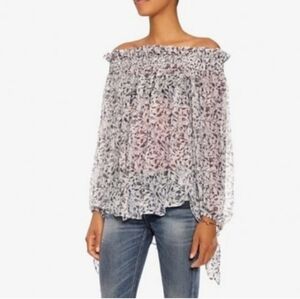 💜 Caroline Constas 100% Silk Lavender Leaf Print Off-Shoulder Blouse